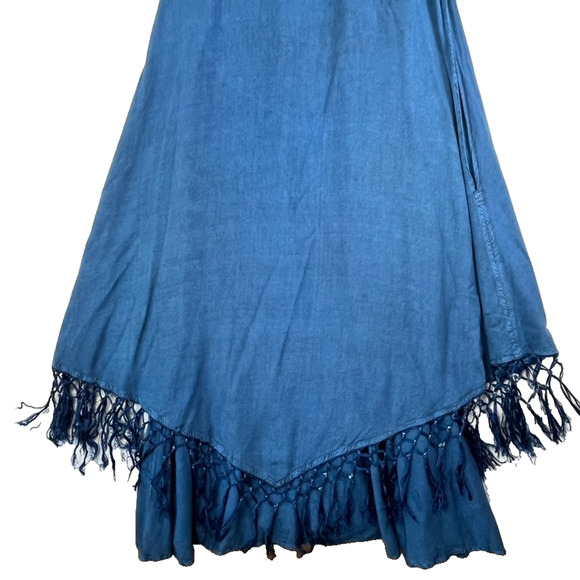 Sakkas Maxi Dress Size S/M Blue Stonewash Fringed Boho India Festival Pockets - Picture 11 of 14